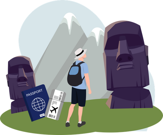 Man visiting Moai for esater island  Illustration