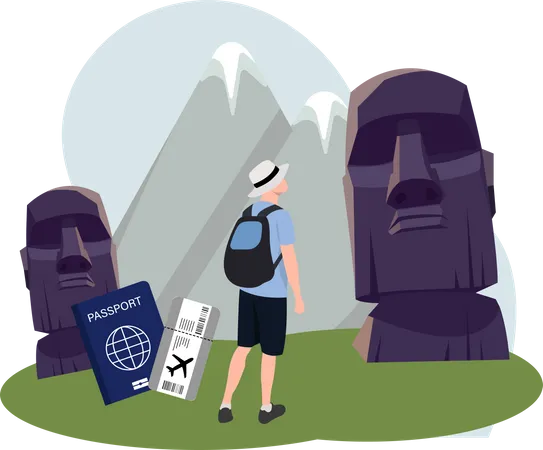 Man visiting Moai for esater island  Illustration