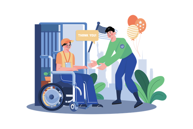 Man visits to a veteran in a wheelchair  イラスト