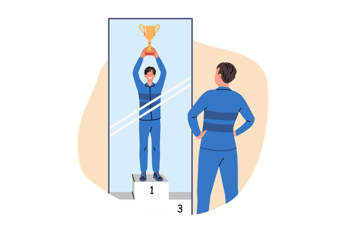 Man visualizes victory by standing in front of mirror and imagining leader gold cup  Illustration