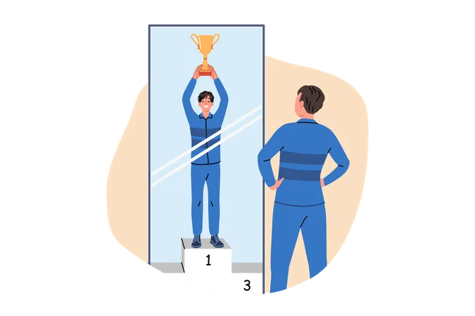 Man visualizes victory by standing in front of mirror and imagining leader gold cup  Illustration