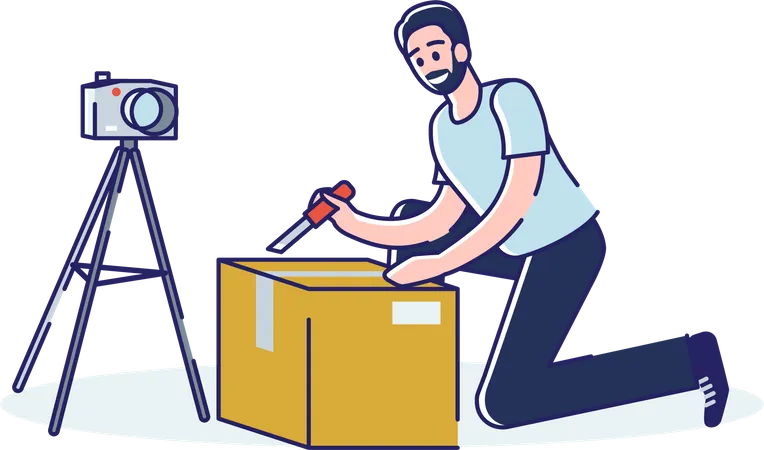 Homem vlogger gravando vídeo do pacote unboxing  Ilustração