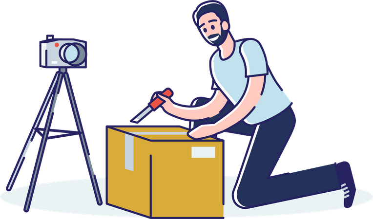 Man vlogger recording video of unboxing Package Illustration