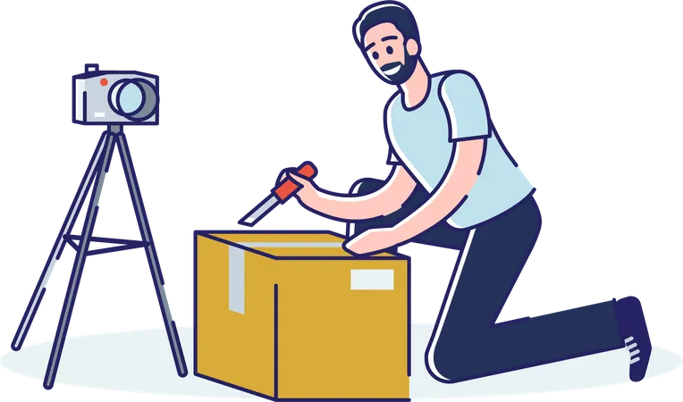 Man Vlogger Creating Unpacking Video For Blog Channel Guy Unboxing Purchase And Broadcast Parcel Review Modern Content Maker And Blogging Concept Vector Illustration Illustration
