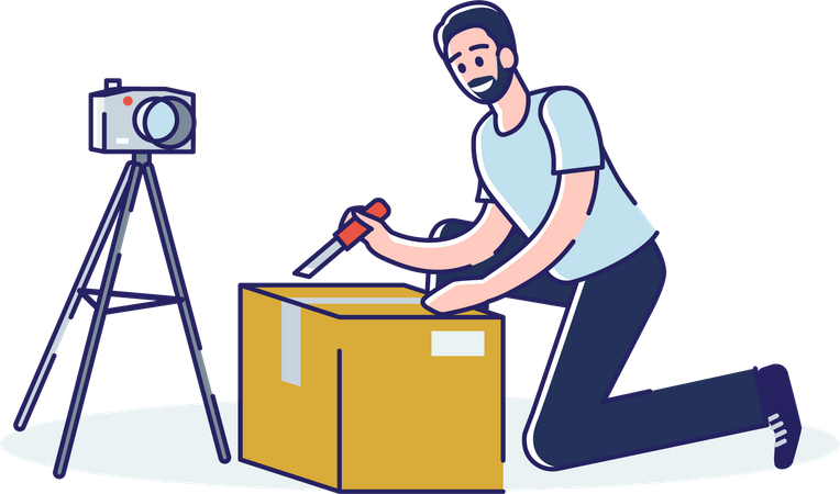 Man vlogger recording video of unboxing Package  Illustration