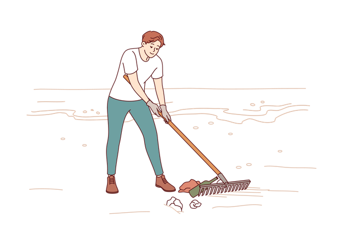 Man volunteer cleaning beach of trash to prevent ocean pollution from plastic and bottles  Illustration