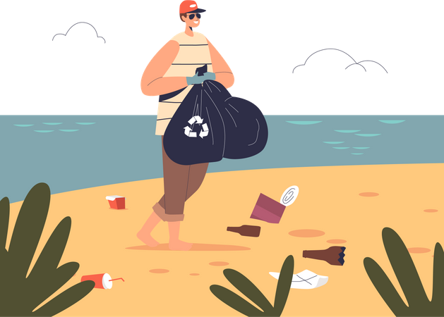 Man volunteer hold bag with garbage after cleaning beach  Illustration