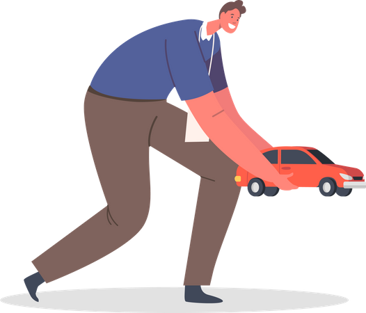 Man Volunteer Hold Plastic Car Gift  Illustration