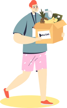 Man volunteer holding box of food for donation Illustration