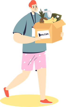 Man volunteer holding box of food for donation  Illustration