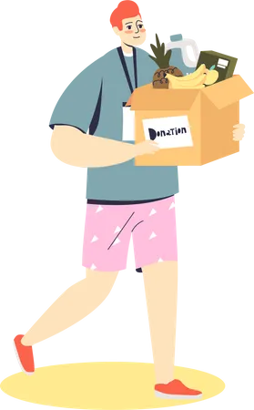 Man volunteer holding box of food for donation  Illustration