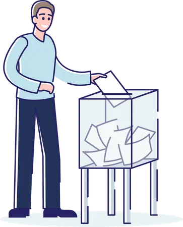 Man Throwing Voting Ballot For Candidate In Ballot Box During President Or Government Election Or Referendum Cartoon Voter Polling Democracy And Human Opinion Concept Linear Vector Illustration Illustration