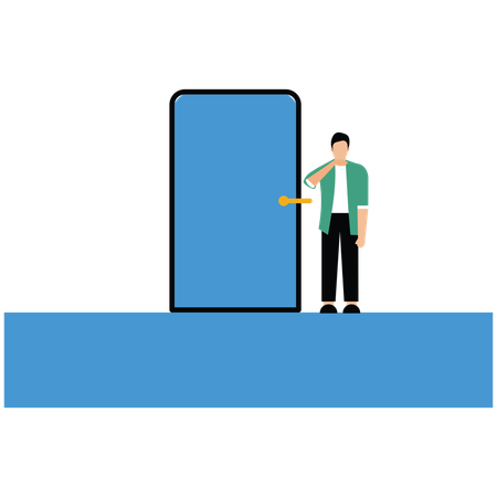 Man wait patiently at open door  Illustration
