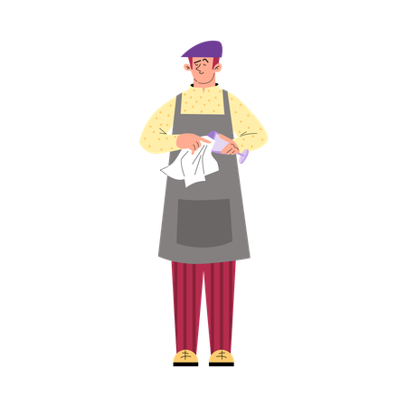 Man waiter or bartender wiping wine glass with towel  Illustration
