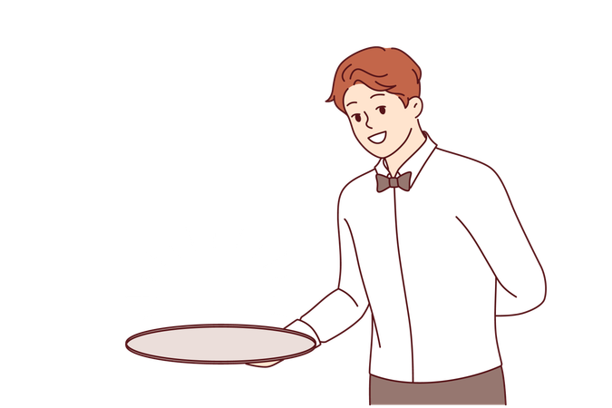 Man waiter with empty tray holds hand behind back suggesting that you visit fabulous restaurant  Illustration
