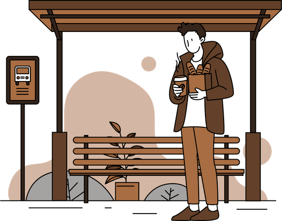 Man Waiting at bus stand while having coffee  イラスト