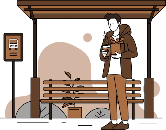Man Waiting at bus stand while having coffee  일러스트레이션