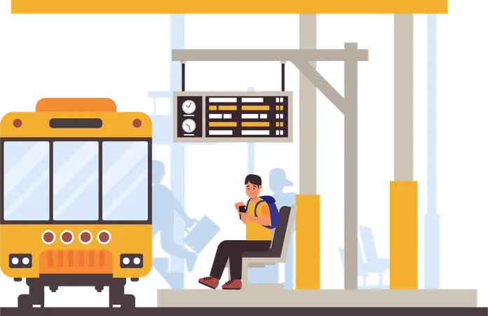 Illustration Of A Man Waiting For A Train Designed To Increase The Use Of Public Transport This Artwork Is Ideal For Educational Materials Presentations Or Awareness Campaigns This Illustration Adds A Visual Dimension To The Public Transport Theme Illustration