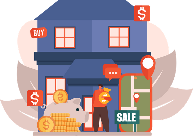 Man waiting for buyer to purchase house  Illustration