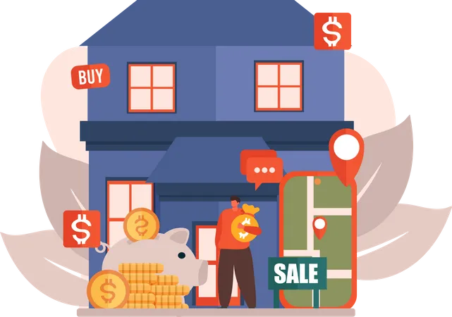 Man waiting for buyer to purchase house  Illustration