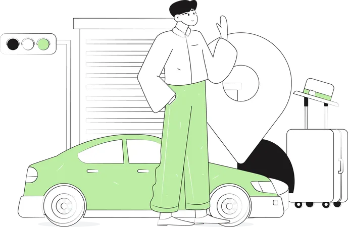 Man waiting for taxi at the location  Illustration