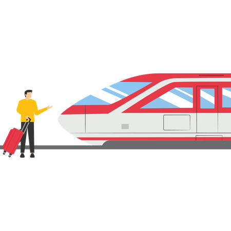 Man waiting for train at railway station  Illustration