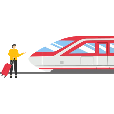 Man waiting for train at railway station  Illustration