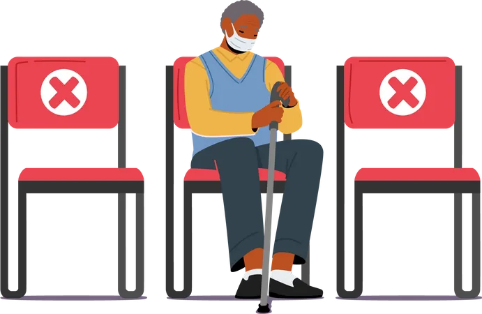 Old African Man Waiting Vaccination In Hospital Hall Senior Male Character Wear Mask Wait Vaccine Against Coronavirus Infection Stop Pandemic Health Care Concept Cartoon People Vector Illustration Illustration