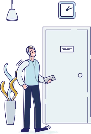Man Standing And Waiting At Door Way In Office Cartoon Male Character Wait For Appointment With Banking Manager Interview With Recruiter Or Hr In Lobby Hall Linear Vector Illustration Illustration
