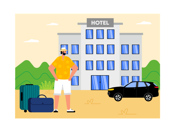 Man waiting outside hotel  Illustration