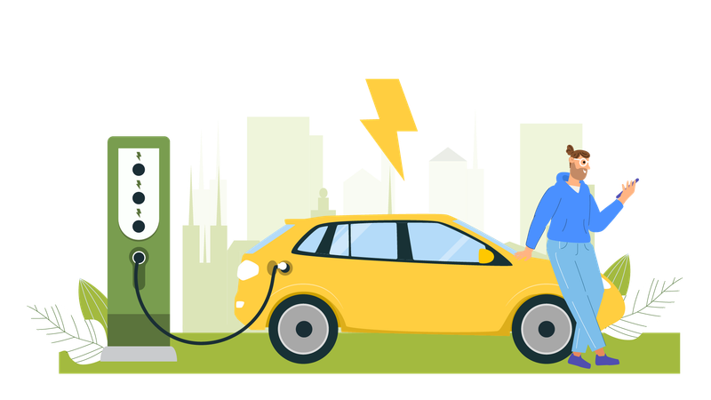 Man waits at charging station for his car to get fully charged  Illustration