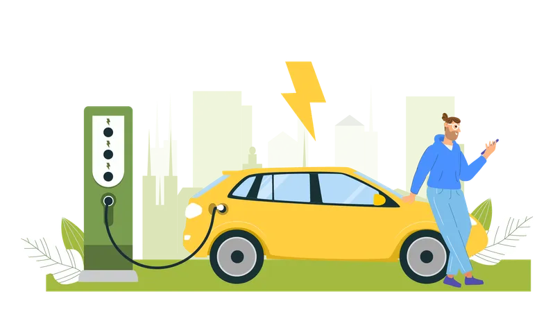 Man waits at charging station for his car to get fully charged  Illustration