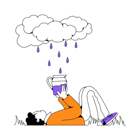 Man waits for rain to fill carafe  Illustration