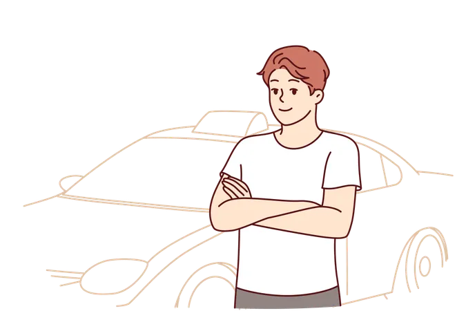 Man Stands Near Taxi Car And Crosses Arms Posing Before Long Trip To Work Young Guy Is Taxi Passenger Located On City Street And Looks At Camera Offering To Use Services Of Transport Company Illustration