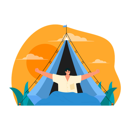 Man wakeup sat down in camping tent  Illustration