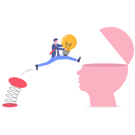 Man walk up stair to open human head  Illustration