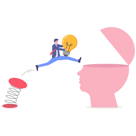 Man walk up stair to open human head  Illustration
