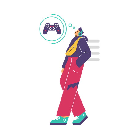Man walking and dreaming about console game playing  Illustration