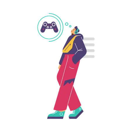 Man walking and dreaming about console game playing  Illustration