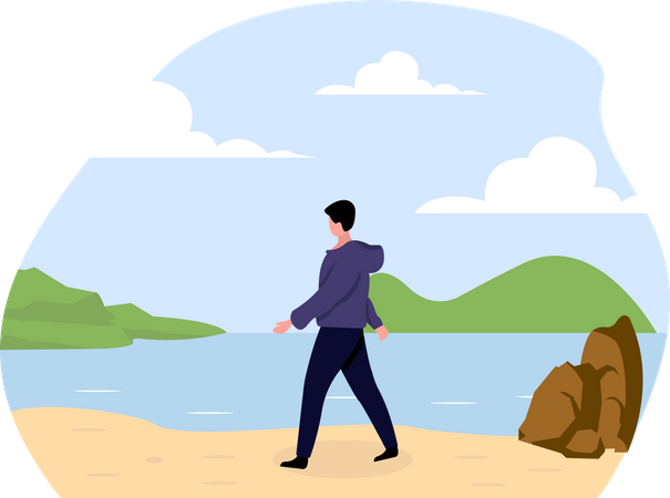 Man walking at beach  Illustration