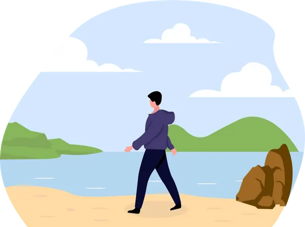 Man walking at beach  Illustration