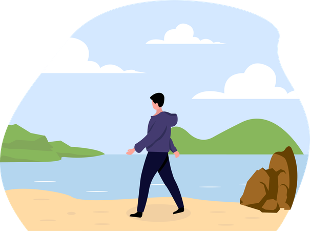 Man walking at beach  Illustration