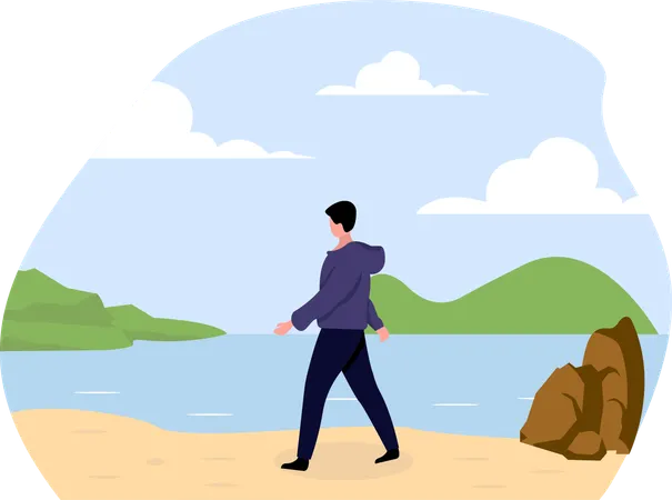 Man walking at beach  Illustration