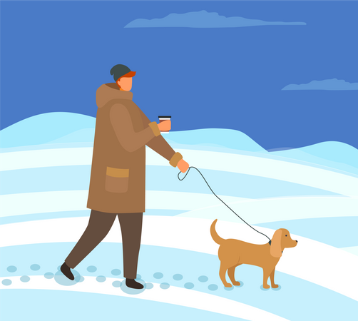 Man Walking Dog in Winter Evening Outside  Illustration