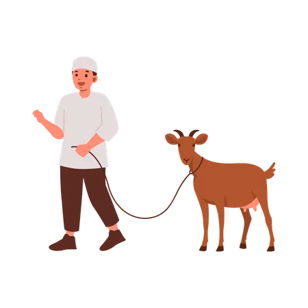 An Illustration Of A Man In Traditional Attire Walking With A Brown Goat On A Leash Illustration