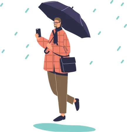 Man walking in rain holding umbrella  Illustration