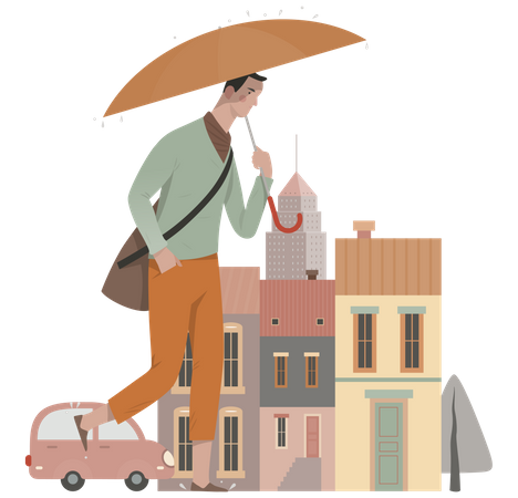 Man walking in rainy day Illustration