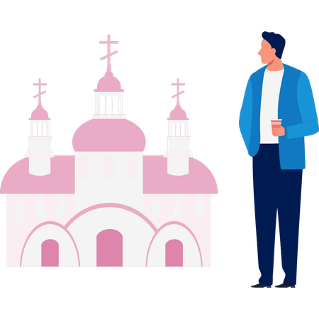 Man walking near church  Illustration