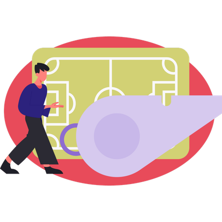 Man walking near whistle and football field  Illustration