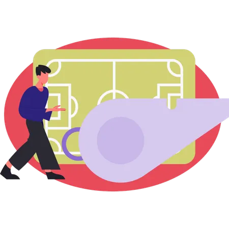 Man walking near whistle and football field  Illustration